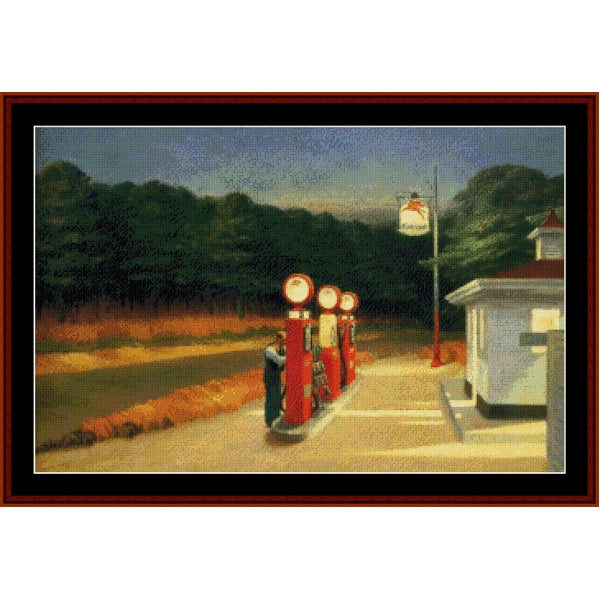 Gas station scene with red pumps and a building in the background - Counted Cross Stitch Pattern by Cross Stitch Collectibles