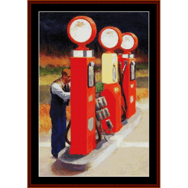 Vintage-style Counted Cross Stitch Pattern by Cross Stitch Collectibles of a man refueling at a gas station with red pumps.