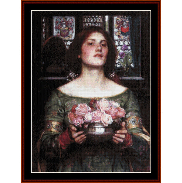 Counted Cross Stitch Pattern by Cross Stitch Collectibles of a woman holding flowers in a decorative setting with stained glass windows.