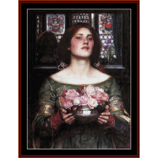 Counted Cross Stitch Pattern by Cross Stitch Collectibles of a woman holding flowers in a decorative setting with stained glass windows.