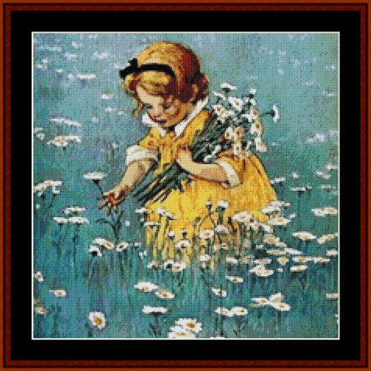 Counted Cross Stitch Pattern by Cross Stitch Collectibles of a girl in a yellow dress holding flowers in a field of white flowers.
