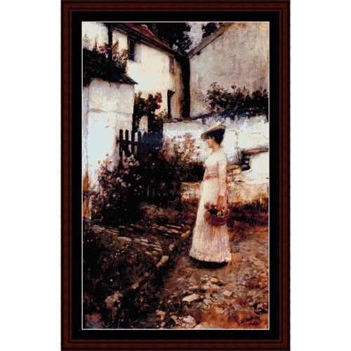 Counted Cross Stitch Pattern by Cross Stitch Collectibles of a woman in a garden setting with a rustic building in the background