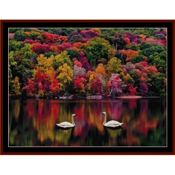 Counted Cross Stitch Pattern by Cross Stitch Collectibles - Two swans on a lake with a colorful autumn forest in the background