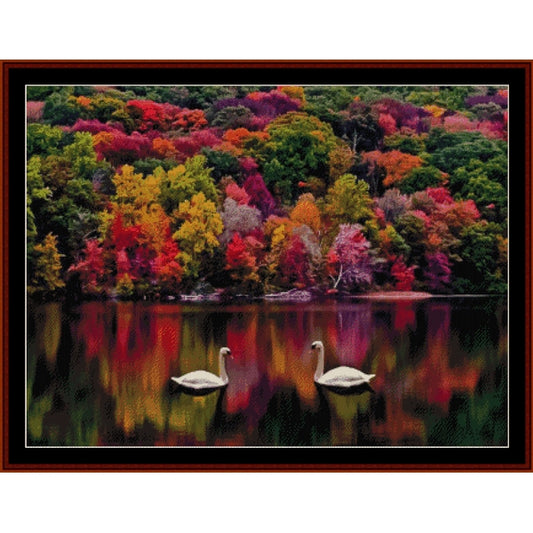 Counted Cross Stitch Pattern by Cross Stitch Collectibles - Two swans on a lake with a colorful autumn forest in the background