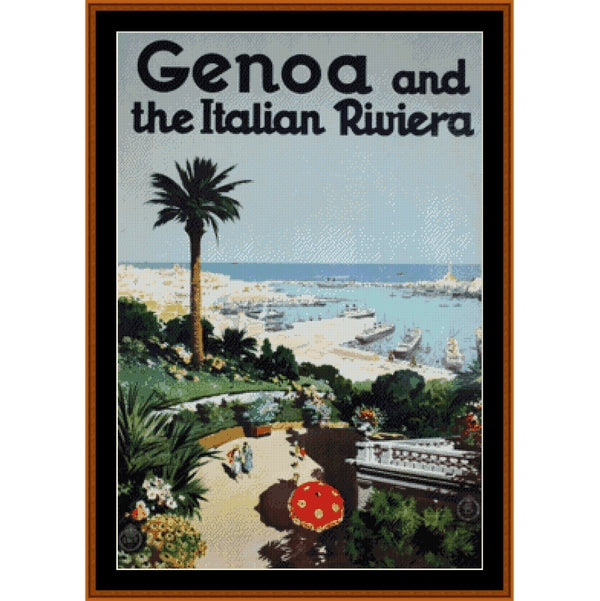 Counted Cross Stitch Pattern by Cross Stitch Collectibles - Vintage-style poster of Genoa and the Italian Riviera with a palm tree and coastal view.