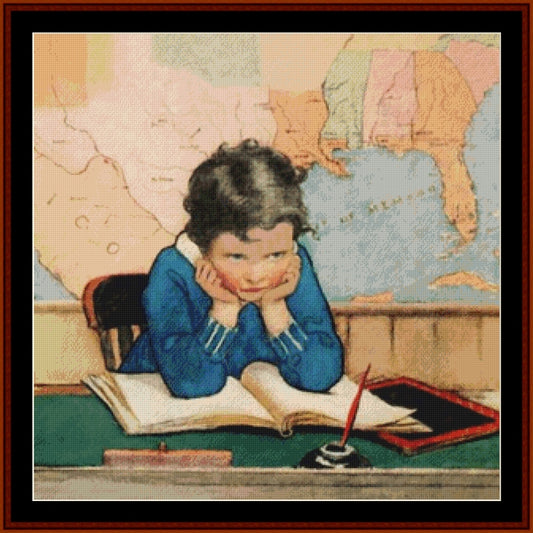 Vintage-style Counted Cross Stitch Pattern by Cross Stitch Collectibles of a child sitting at a desk with a world map in the background