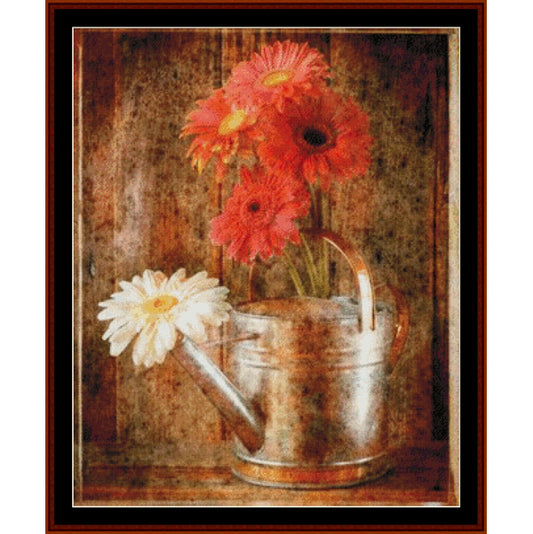 Vintage-style Counted Cross Stitch Pattern by Cross Stitch Collectibles of flowers in a watering can on a textured background