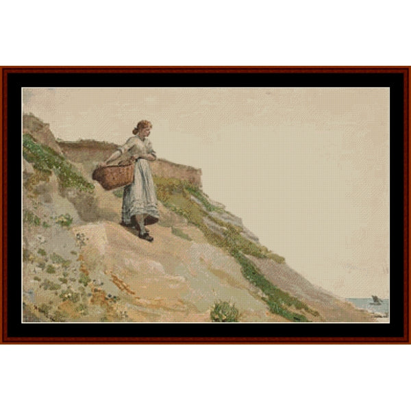 Counted Cross Stitch Pattern by Cross Stitch Collectibles of a woman with a basket on a coastal path