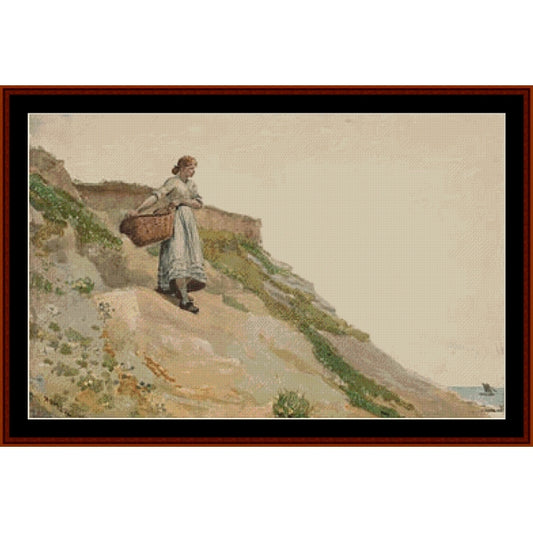 Counted Cross Stitch Pattern by Cross Stitch Collectibles of a woman with a basket on a coastal path