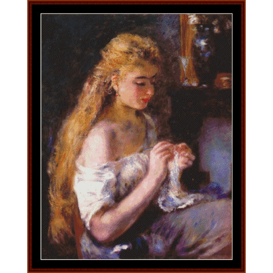 Counted Cross Stitch Pattern by Cross Stitch Collectibles of a woman knitting with a warm color palette