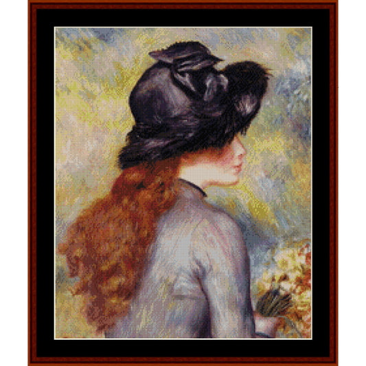 Counted Cross Stitch Pattern by Cross Stitch Collectibles of a woman with a dark hat against a colorful background