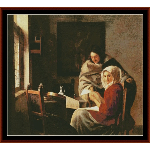 Counted Cross Stitch Pattern by Cross Stitch Collectibles - Two people sitting together in a dimly lit room with a warm color palette.