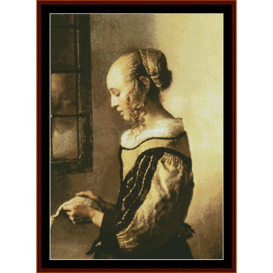 Counted Cross Stitch Pattern by Cross Stitch Collectibles of a woman sitting by a window, reminiscent of classical painting styles.