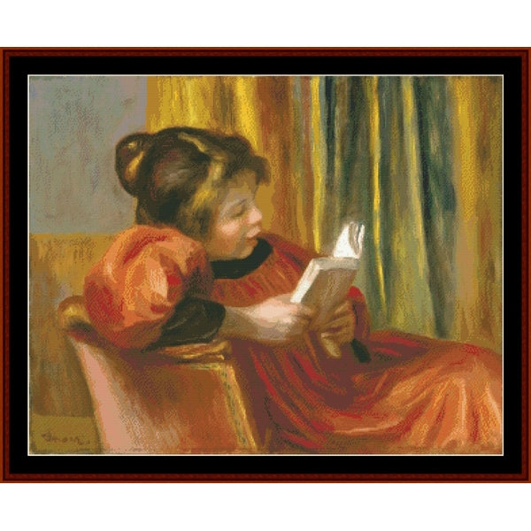 Counted Cross Stitch Pattern by Cross Stitch Collectibles of a young girl reading a book with a warm color palette.