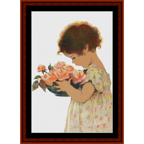 Counted Cross Stitch Pattern by Cross Stitch Collectibles of a young girl holding flowers in a wooden frame.