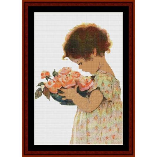 Counted Cross Stitch Pattern by Cross Stitch Collectibles of a young girl holding flowers in a wooden frame.