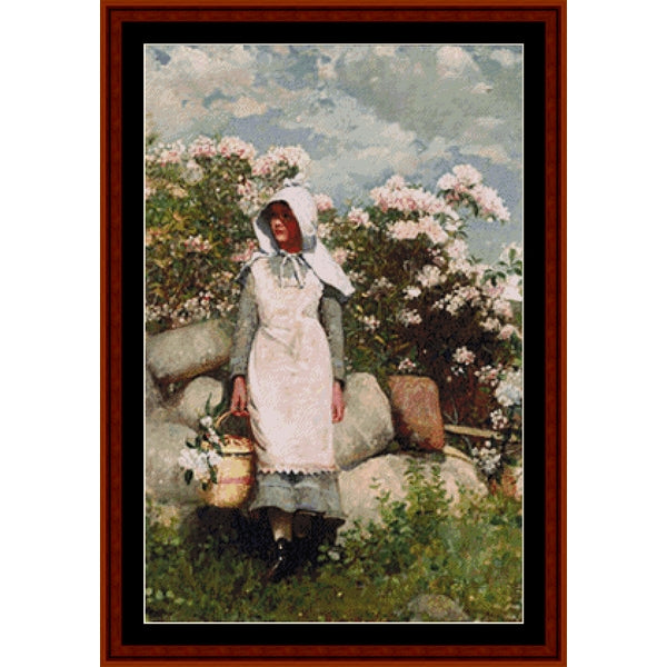 Counted Cross Stitch Pattern by Cross Stitch Collectibles of a woman in a garden with flowers and rocks.