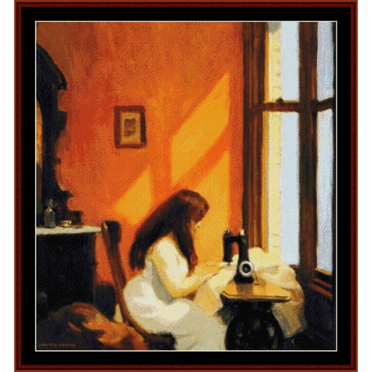 Counted Cross Stitch Pattern by Cross Stitch Collectibles - Woman sitting at a sewing machine by a window with warm lighting