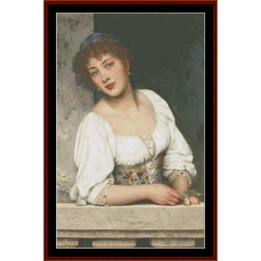 Portrait of a woman in a white dress with a floral pattern, sitting on a ledge - Counted Cross Stitch Pattern by Cross Stitch Collectibles