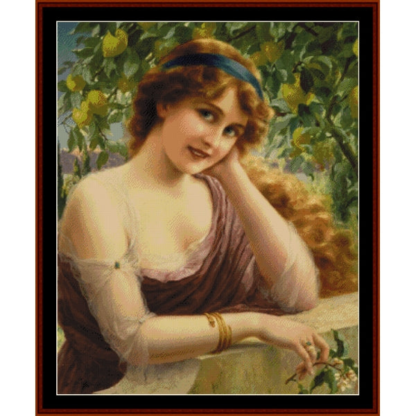 Vintage-style Counted Cross Stitch Pattern by Cross Stitch Collectibles of a woman in a garden with lemons