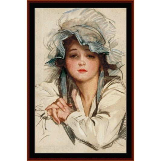 Vintage-style Counted Cross Stitch Pattern by Cross Stitch Collectibles of a woman wearing a blue bonnet 