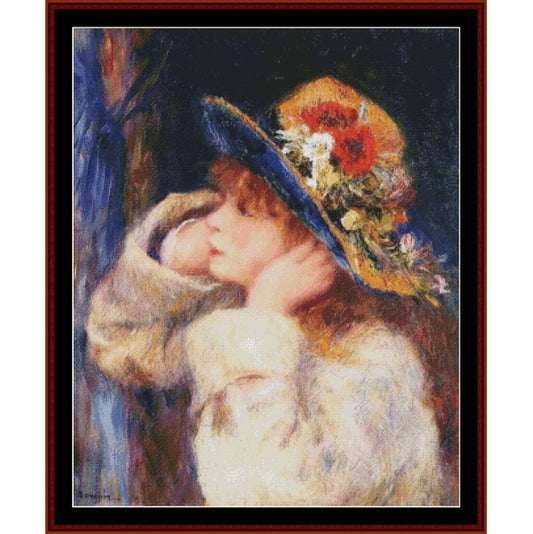 Counted Cross Stitch Pattern by Cross Stitch Collectibles of a young girl wearing a decorative hat with flowers