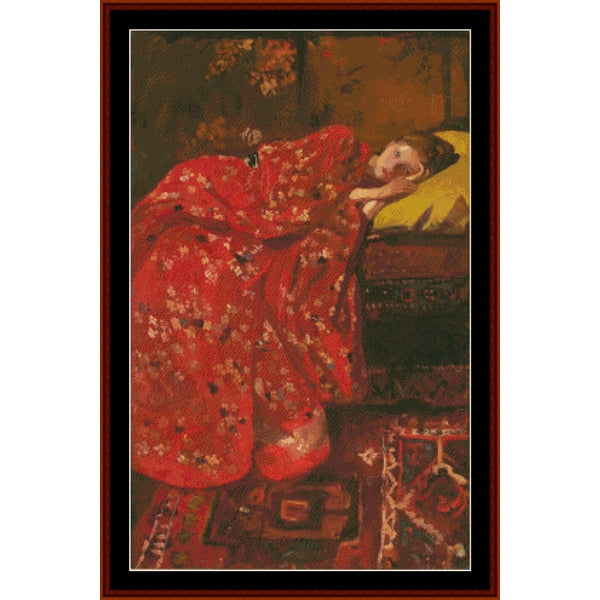 Woman in a red kimono lying in bed, near  a patterned rug - Counted Cross Stitch Pattern by Cross Stitch Collectibles