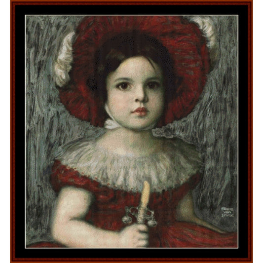 Counted Cross Stitch Pattern by Cross Stitch Collectibles of a child in a red dress with a white ruffled collar and a red hat, holding a small object.