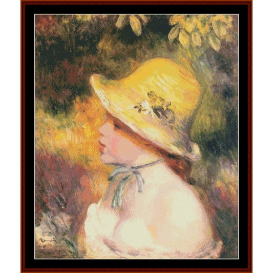 Counted Cross Stitch Pattern by Cross Stitch Collectibles of a woman wearing a yellow hat with a blurred background