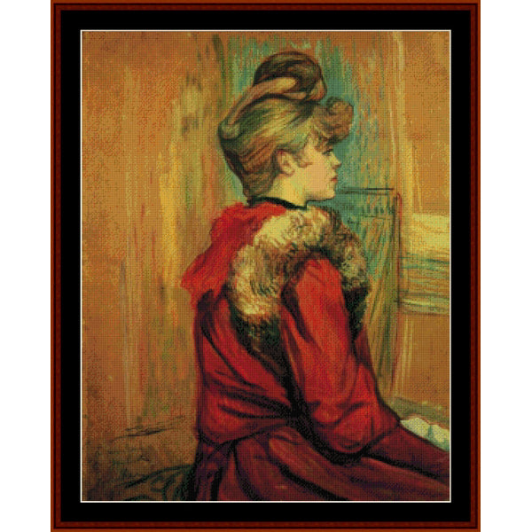 Counted Cross Stitch Pattern by Cross Stitch Collectibles of a woman in a red dress with fur trim sitting by a window.