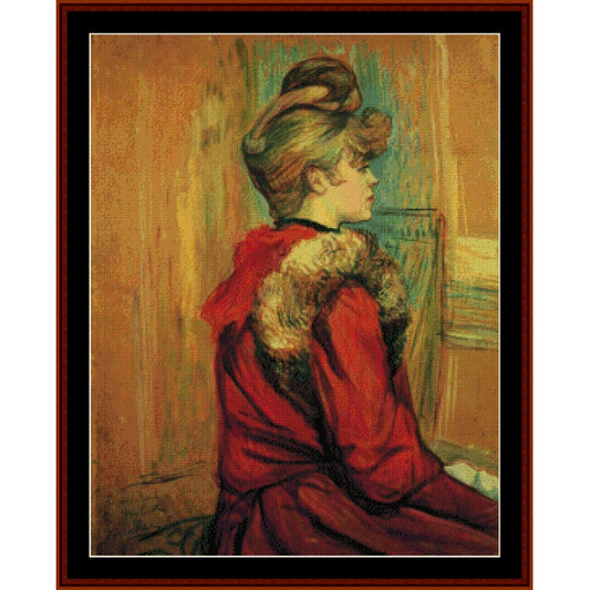 Counted Cross Stitch Pattern by Cross Stitch Collectibles of a woman in a red dress with fur trim sitting by a window.