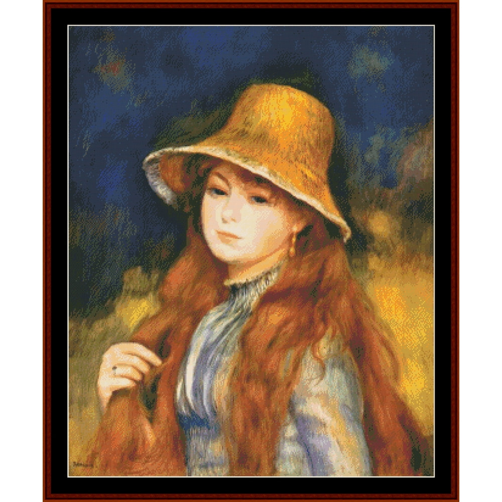 Counted Cross Stitch Pattern by Cross Stitch Collectibles of a young girl with a yellow hat and long red hair.