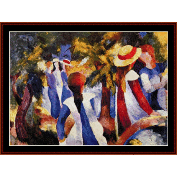 Counted Cross Stitch Pattern by Cross Stitch Collectibles of people in a park with colorful clothing and hats.