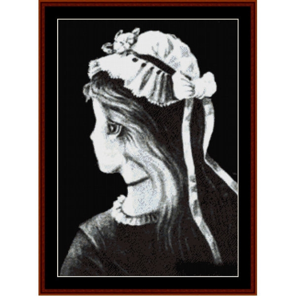 Black and white Counted Cross Stitch Pattern by Cross Stitch Collectibles of a young girl with a bonnet