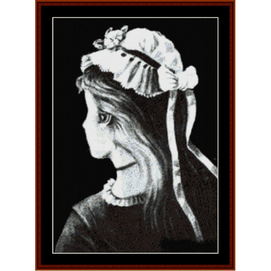 Black and white Counted Cross Stitch Pattern by Cross Stitch Collectibles of a young girl with a bonnet