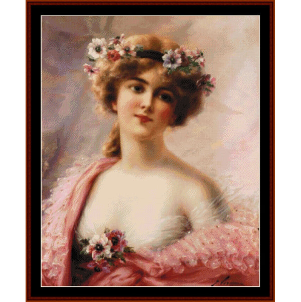 Portrait of a woman with floral headpiece and pink dress -Counted Cross Stitch Pattern by Cross Stitch Collectibles 