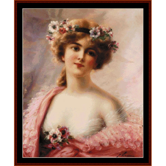 Portrait of a woman with floral headpiece and pink dress -Counted Cross Stitch Pattern by Cross Stitch Collectibles 