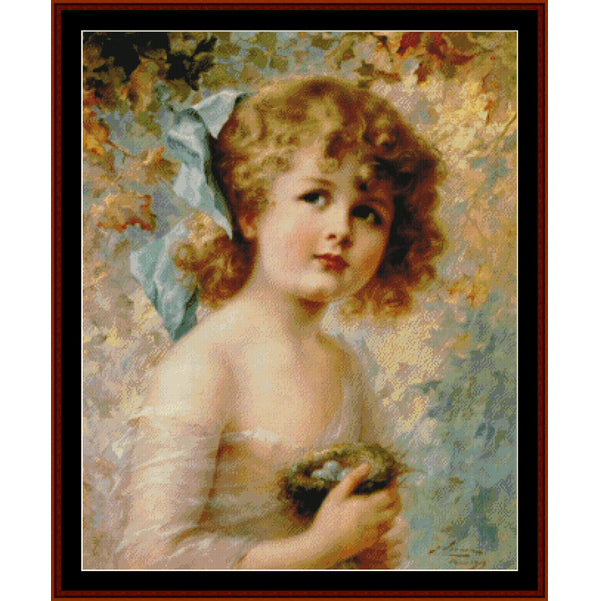Vintage-style Counted Cross Stitch Pattern by Cross Stitch Collectibles of a young girl holding a bird's nest