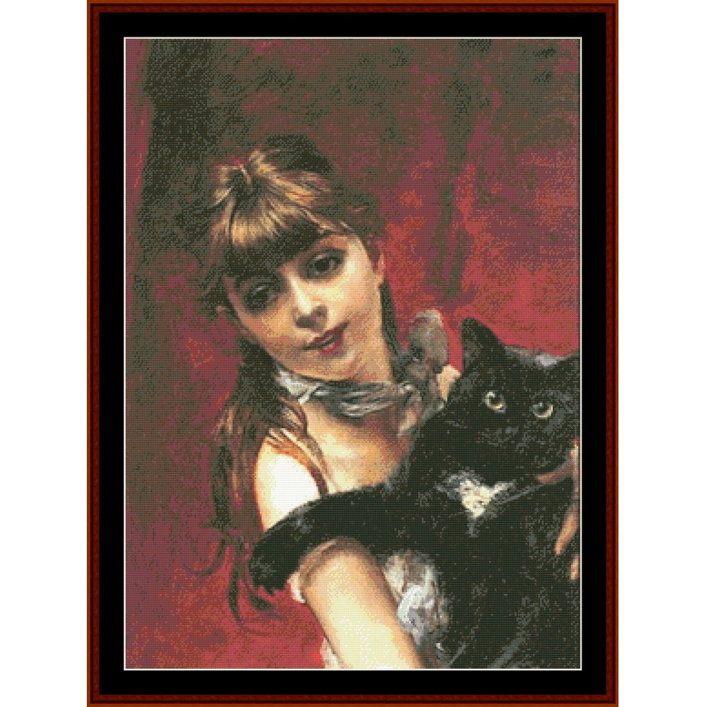 Counted Cross Stitch Pattern by Cross Stitch Collectibles of a young girl holding a black cat against a red background