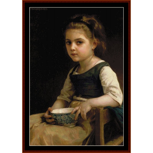 Counted Cross Stitch Pattern by Cross Stitch Collectibles of a young girl holding a bowl against a dark background