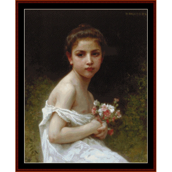 Counted Cross Stitch Pattern by Cross Stitch Collectibles of a young woman holding flowers with a dark background