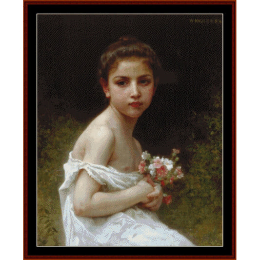 Counted Cross Stitch Pattern by Cross Stitch Collectibles of a young woman holding flowers with a dark background