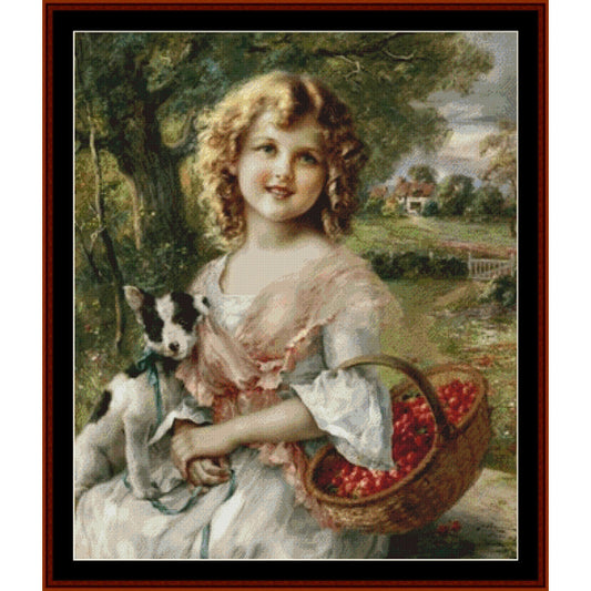 Counted Cross Stitch Pattern by Cross Stitch Collectibles of a young girl holding a dog and a basket of berries in a pastoral setting