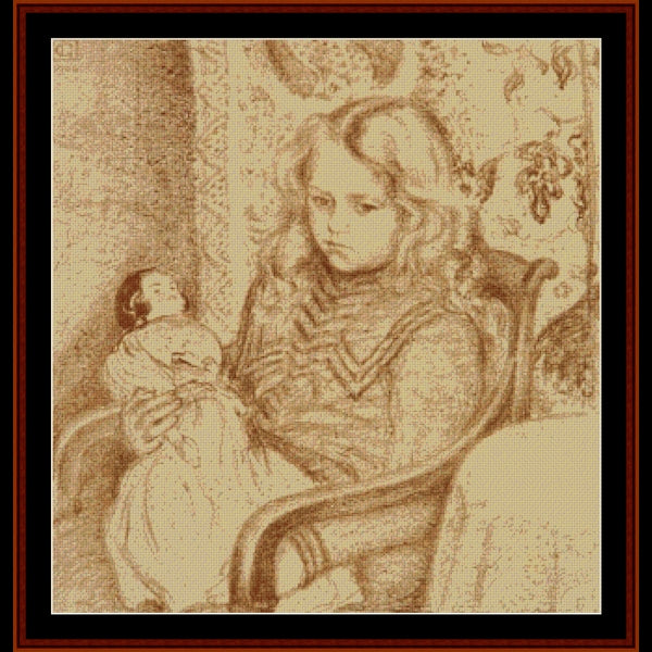 Vintage-style Counted Cross Stitch Pattern by Cross Stitch Collectibles of a child holding a doll against a patterned background