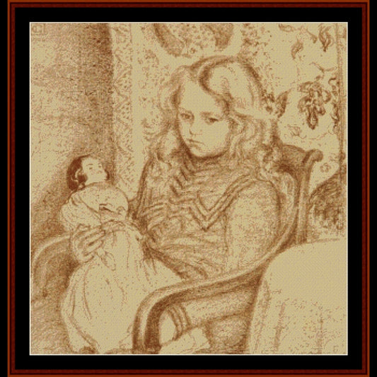 Vintage-style Counted Cross Stitch Pattern by Cross Stitch Collectibles of a child holding a doll against a patterned background