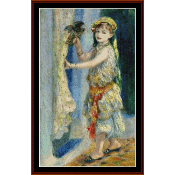 Counted Cross Stitch Pattern by Cross Stitch Collectibles of a young girl playing with a bird, framed in brown.