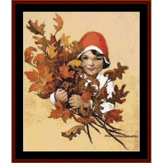 Vintage-style Counted Cross Stitch Pattern by Cross Stitch Collectibles of a child holding autumn leaves with a brown frame.