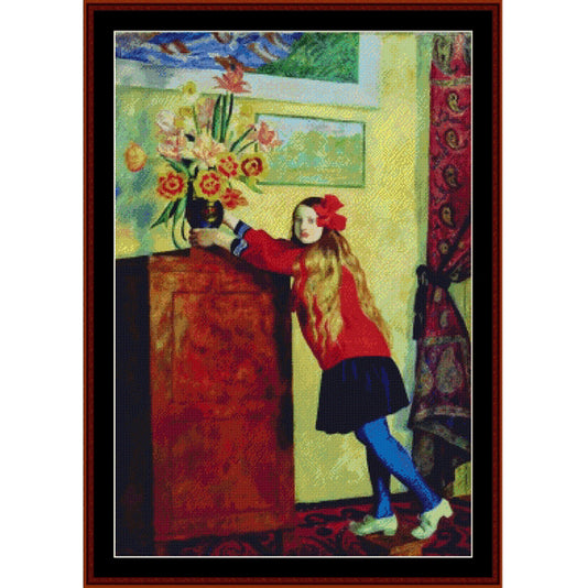 Counted Cross Stitch Pattern by Cross Stitch Collectibles of a girl in a red sweater with flowers in a room