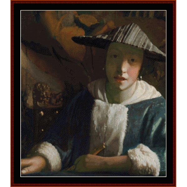 Counted Cross Stitch Pattern by Cross Stitch Collectibles of a woman with a straw hat and dark coat