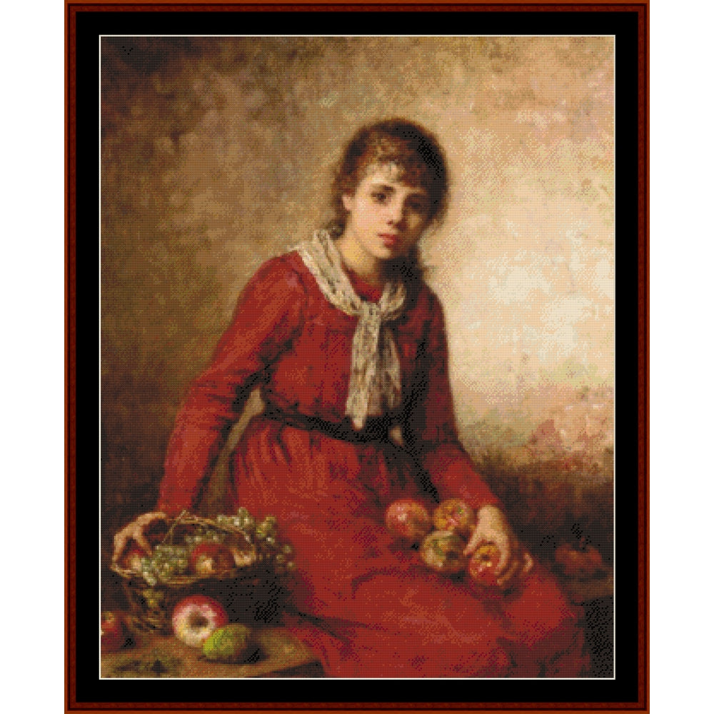Counted Cross Stitch Pattern by Cross Stitch Collectibles of a woman in a red dress holding apples and a basket of fruit.